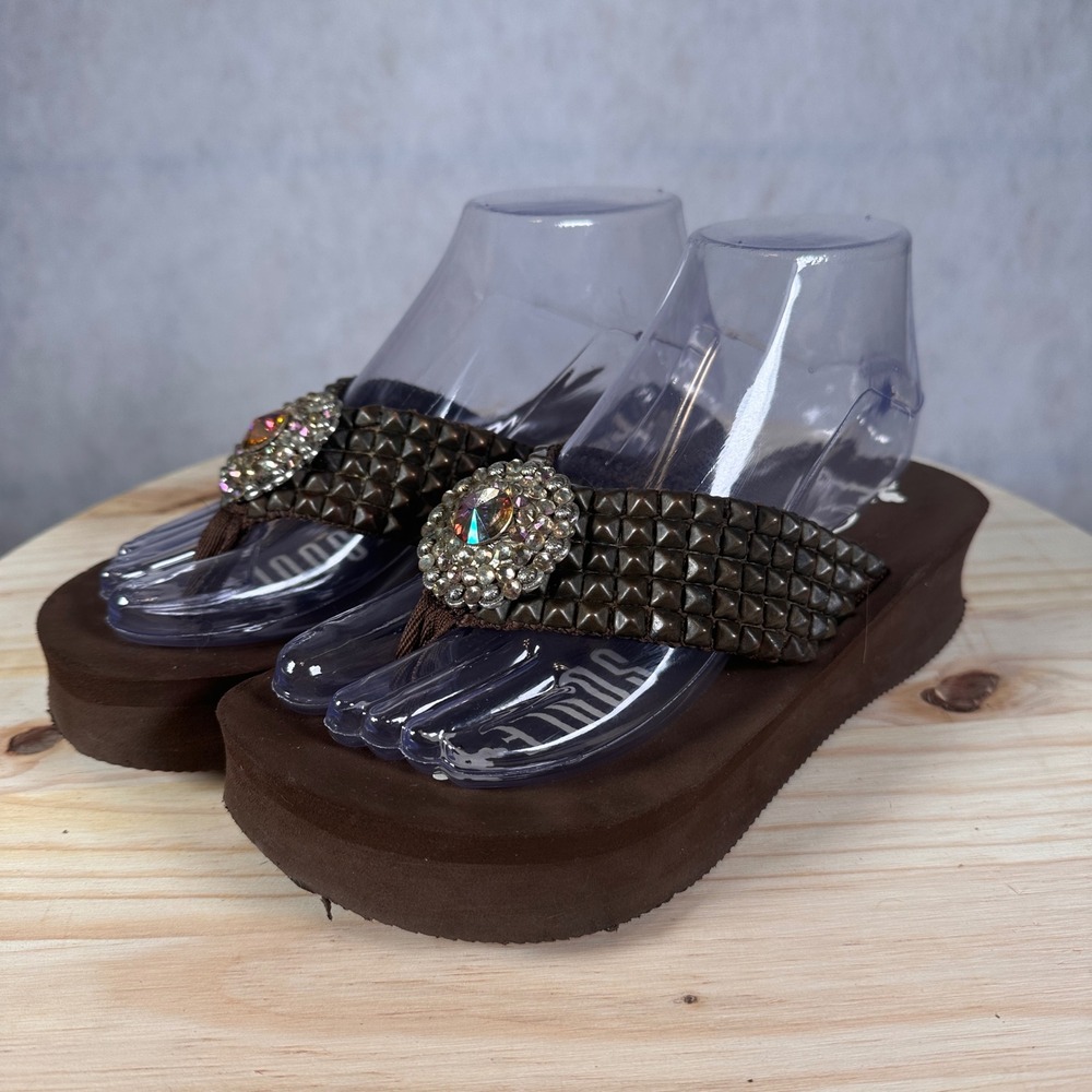 GypsySoule Platform Flip Flop Sandals Womens 7 Brown Studded Rhinestone Wedge